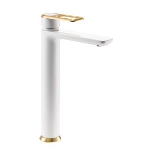 Levarto Tall Basin Mixer Matt White & Brushed Brass