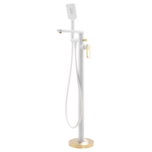 Levarto Floor Mounted Bath Shower Mixer Matt White & Brushed Brass