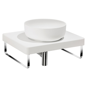 CAVA Round Basin in Chalk, TABLEAU Shelf in Chalk, Bottle Trap & Towel Rail in Chrome