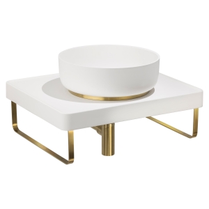 CAVA Round Basin in Chalk, TABLEAU Shelf in Chalk, Bottle Trap & Towel Rail in Brushed Brass