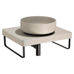 CAVA Round Basin in Pebble, TABLEAU Shelf in Pebble, Bottle Trap & Towel Rail in Matt Black