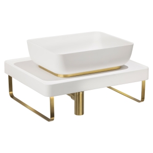 CAVA Tablet Basin in Chalk, TABLEAU Shelf in Chalk, Bottle Trap & Towel Rail in Brushed Brass