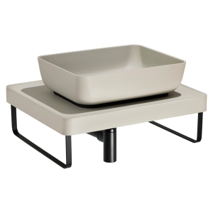 CAVA Tablet Basin in Pebble, TABLEAU Shelf in Pebble, Bottle Trap & Towel Rail in Matt Black