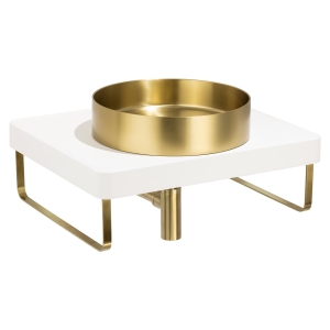 IOX Round Steel Basin in PVD Brass, TABLEAU Shelf in Chalk, Bottle Trap & Towel Rail in Brushed Brass