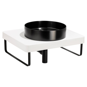 IOX Round Steel Basin in PVD Black, TABLEAU Shelf in Chalk, Bottle Trap & Towel Rail in Matt Black