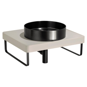IOX Round Steel Basin in PVD Black, TABLEAU Shelf in Pebble, Bottle Trap & Towel Rail in Matt Black