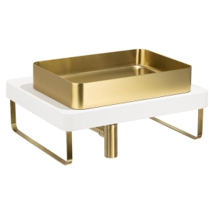 IOX Tablet Steel Basin in PVD Brass, TABLEAU Shelf in Chalk, Bottle Trap & Towel Rail in Brushed Brass