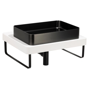 IOX Tablet Steel Basin in PVD Black, TABLEAU Shelf in Chalk, Bottle Trap & Towel Rail in Matt Black
