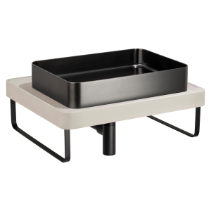 IOX Tablet Steel Basin in PVD Black, TABLEAU Shelf in Pebble, Bottle Trap & Towel Rail in Matt Black