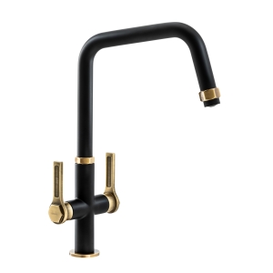 Hex Dual Lever Kitchen Mixer Tap in Matt Black & Antique Brass