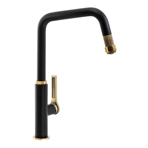 Hex Single Lever Kitchen Mixer Tap Pull Out in Matt Black & Antique Brass